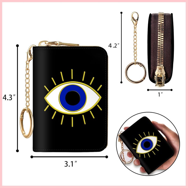 Blusabaca RFID Credit Card Holder Wallets for Women, Small Evil Eye Card Case Wallet with Removable Keychain and Zipper, Leather Card Holder Pocket Business Card Accordion Wallet - Image 4